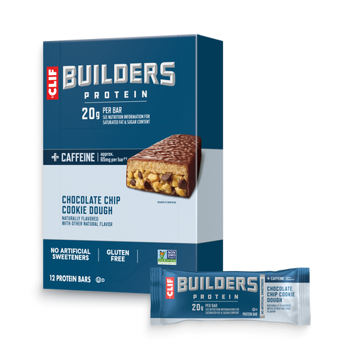 CLIF BUILDERS + Caffeine Chocolate Chip Cookie Dough Flavor Plant Based Protein Bars